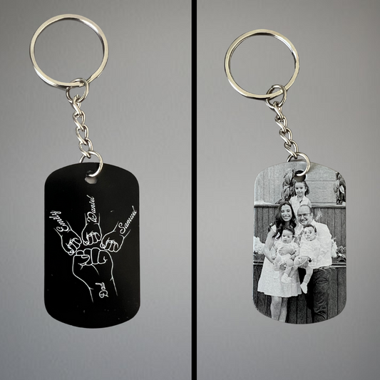 Keychain Engraved with Portrait Picture, front and back, Black