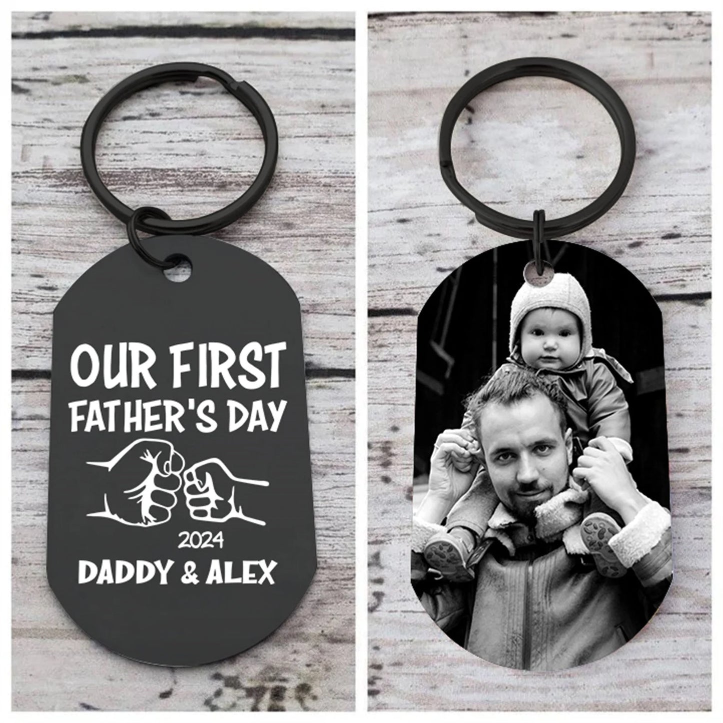 Keychain Engraved with Portrait Picture, front and back, Black